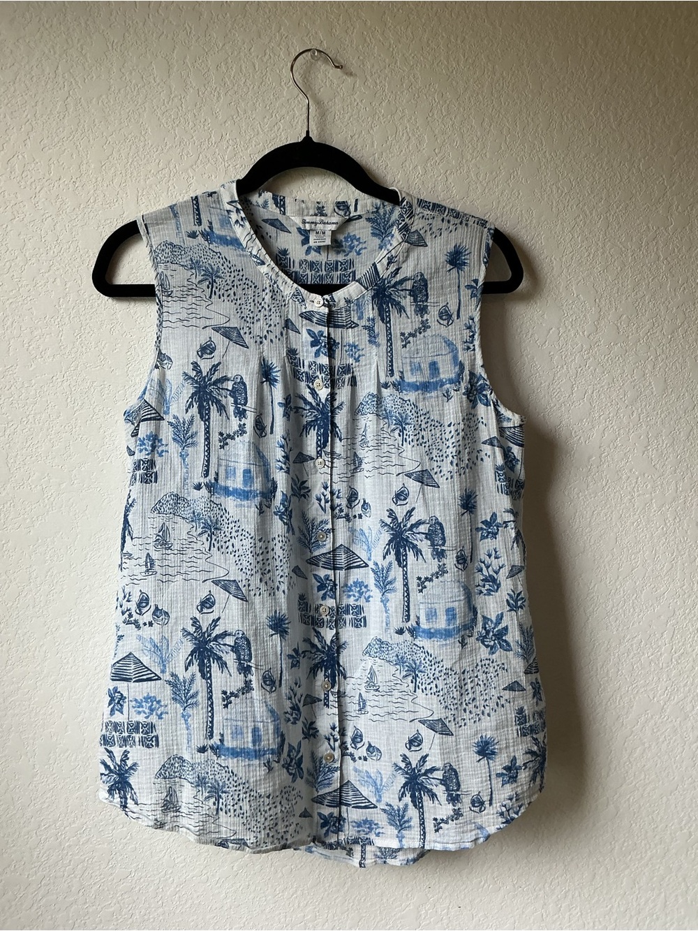 Tommy Bahama Sleeveless Top Womens M Blue White Tropical Island Print